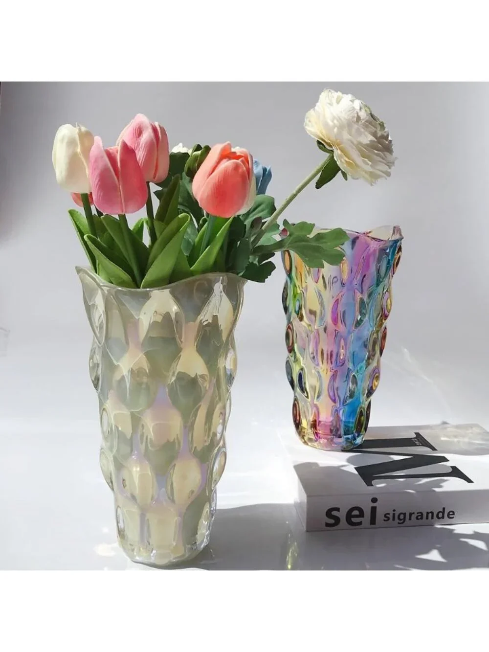 9.5 Inch Sparkle Cream Heavy Glass Flower Vase Bohemian Style Perfect Home Deco